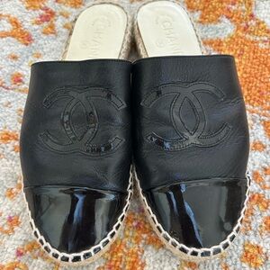 Chanel Black Patent Leather Mules